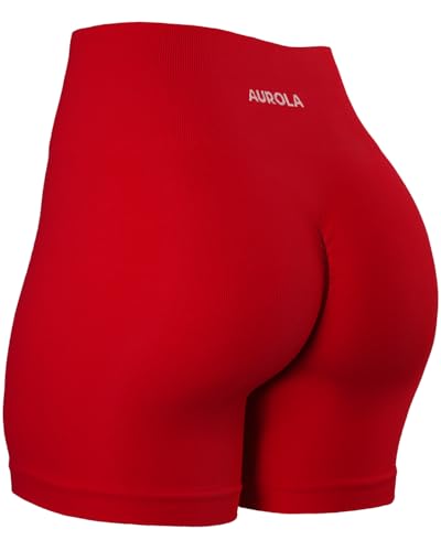 AUROLA Power Scrunch Butt Workout Shorts for Women Seamless Gym Shorts High Waist Tummy Control Yoga Biker Shorts,Flame Red,XS