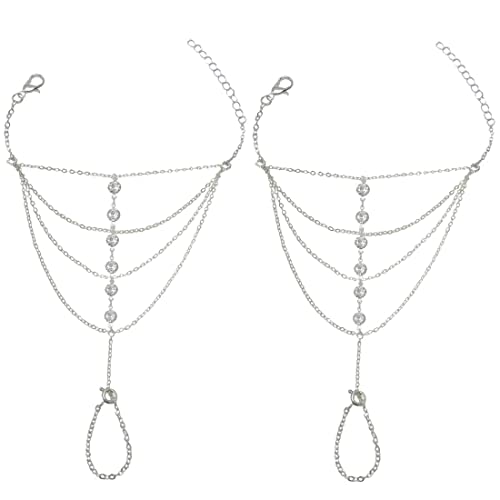 2 Pieces Finger Ring Bracelet Rhinestone Hand Harness Chain Bracelet for Women