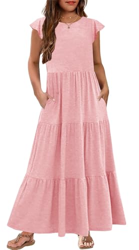 HOSIKA Girls Summer Casual Ruffle Short Sleeve Crewneck Aline Flowy Tiered Beach Maxi Sundress with Pockets for 6-12 Y