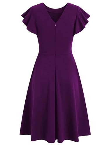 Image of MSLG Women's Fit and Flare Ruffle Short Sleeves Dresses Work V-Back Cocktail Semi Formal A Line Dress with Pockets 842