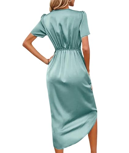 Image of Sexyshine Women's Wrap V Neck Short Sleeve Satin Midi Dress Split Hem Ruched Pleated Formal Evening Party Dresses
