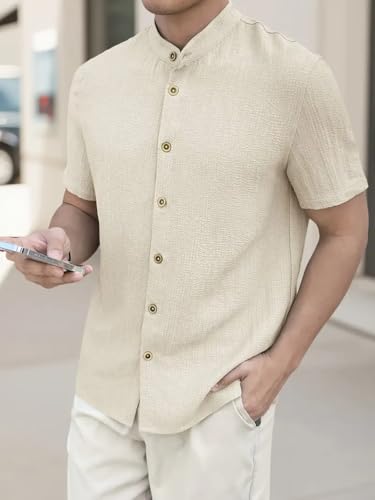 Image of Men's Solid Textured Half Sleeve Shirt with Stylish Buttons | Band Collar Casual Shirt for Summer Wear