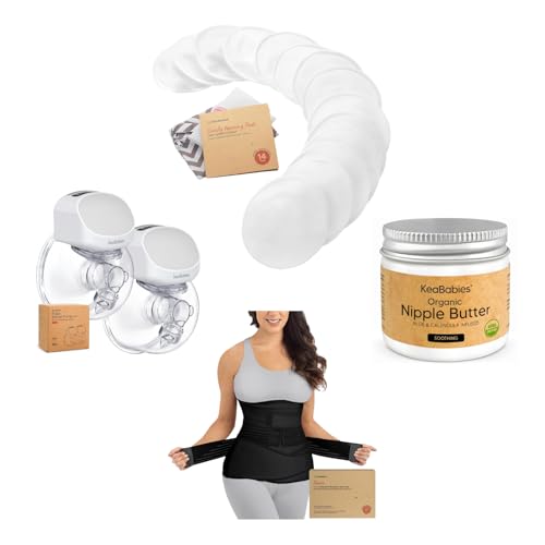 KeaBabies 14-Pack Nursing Pads with Nipple Butter Cream, Wireless Breast Pump, and 3 in 1 Postpartum Belly Band - All in 1 Breastfeeding and Postpartum Essentials for New Moms