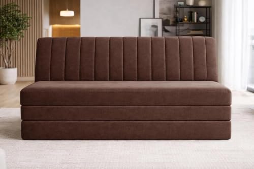 Image of Deco Studio 3 Seater Floor Sofa Bed with Adjustable Backrest, Modern Velvet Fabric Folding Couch for Living Room, Guest Room & Small Spaces - Brown Color