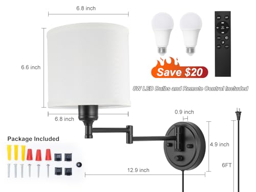 Image of Plug in Wall Sconces with Remote Control, Dimming 10%-100% & Adjustable Colors 2700K-6500K, Hardwire or Plug-in, Swing Arm Wall Lamp with White Fabric Shade, Wall Sconces Set of Two, Black Finish