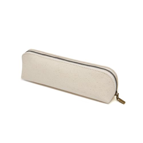 Image of Canvas Pencil Case Small Slim Pencil Pouch Pen Bag Zipper Pen Holder School Office College (Beige)