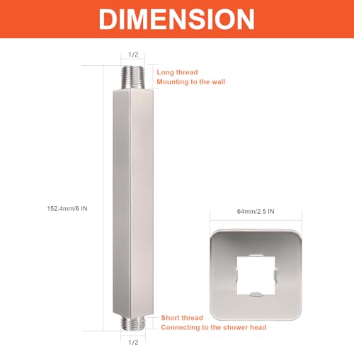 Image of Ceiling Mounted Shower Arm, Rain Shower Square Extension Arm with Flange and Teflon Tape Stainless Steel Ceiling Mount Shower Extender (6 Inch, Brushed Nickel)