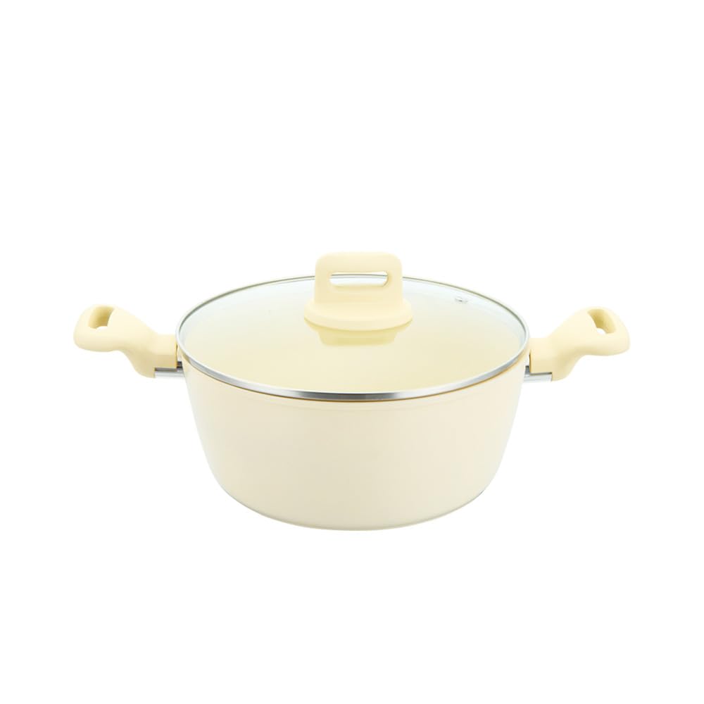 Stockpot with Lid Non Stick Cooking Pots with Tempered Glass Lid Induction Base Aluminum Casserole Pot for Cooking Soups & Brew Boiling Stews Pots (Cream, 20cm Stock Pot)