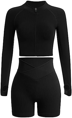 Workout Sets for Women Long Sleeve Zip Crop Top Seamless Ribbed High Waist Biker Shorts 2 Piece Outfits Tracksuit