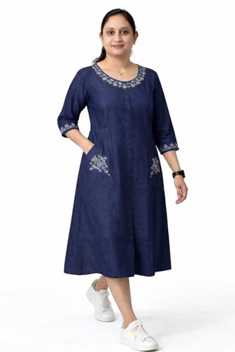 Denim Kurti for Women Cotton Ethnic Tunic Dress 3/4 Sleeve Straight Fit Casual Office Wear Blue (US Alpha Medium Regular Regular Dark Blue 2)