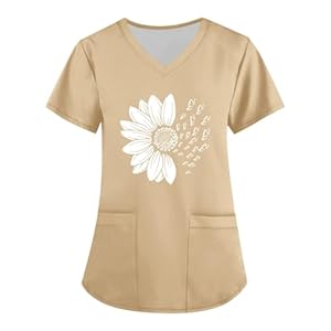 Women’s Short Sleeve Shirts Nursing Gifts Fashion Sunflower Print Scrub Tops V Neck Nursing Tops with Pockets