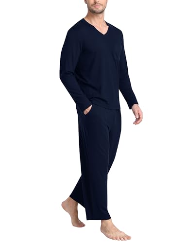 MoFiz Men's Long Sleeve Pajama Set Soft Lightweight 2-Piece Sleepwear V-Neck Pjs for Nightwear Home Lounge with Pockets