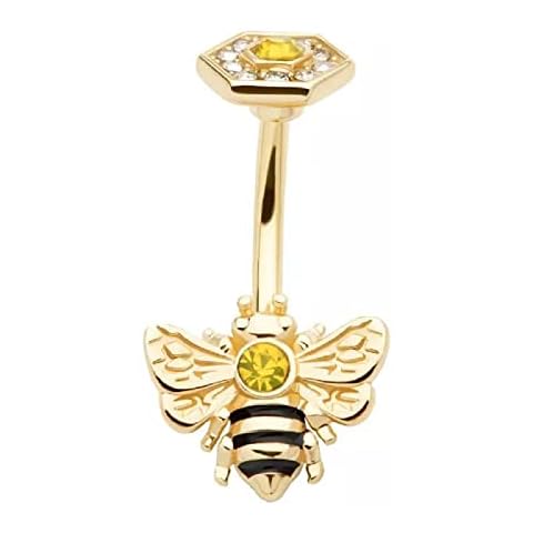 14GA Gold Tone 316L Stainless Steel Bee with Topaz CZ Crystals Belly Button Ring, Metal, cubic zirconia Cover
