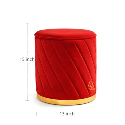 Image of Luxury Round Velvet Ottoman Stool with Gold Base - Modern Upholstered Footrest Pouffe, Tufted Vanity Seat, Living Room Bedroom Dressing Stool (Red)