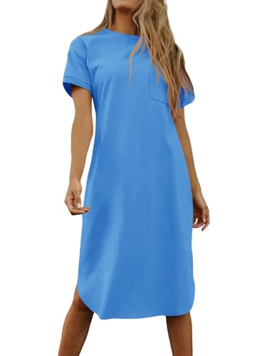 Image of Dyexces Summer Dress for Women Crew Neck Short Sleeve Solid Basic T-Shirts Casual Midi Dresses with Pocket