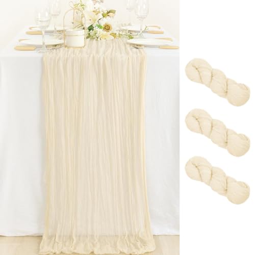 Image of MLMC 3 Pack Beige Cheesecloth Table Runner 10ft Rustic Boho Gauze Cream Table Runner Bulk Decor 35x120 Inches for Wedding Bridal Baby Shower Party Decor