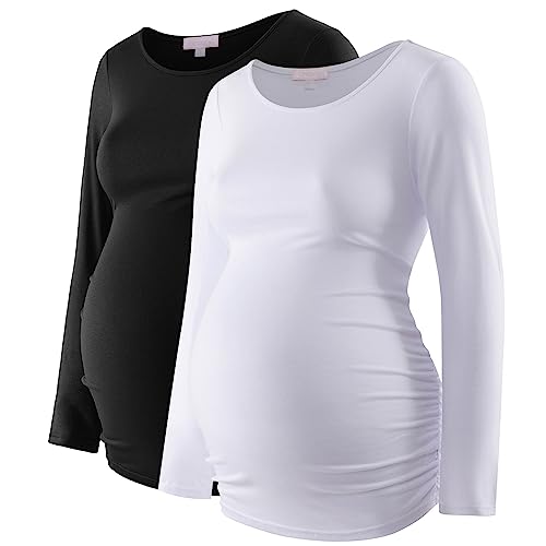Image of Maternity Shirt Long Sleeve Basic Top Ruch Sides Bodycon Tshirt for Pregnant Women