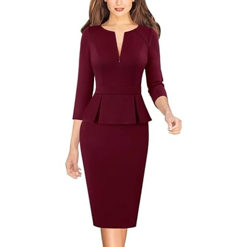 VFSHOW Womens 2024 Fall Winter Crew Neck Work Business Office Dresses Front Zipper Peplum Church Slimming Fitted Pencil Sheath Dress (Dark Red, Large) 10742 DRED L Cover