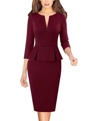 Image of VFSHOW Womens Wear to Work Front Zipper V Neck Peplum Business Office Church Flattering Pencil Sheath Dress