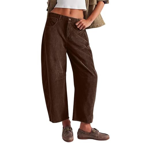 Women's Corduroy Pants Baggy Boyfriend HorseshoeJeans Casual Wide Leg Baggy Ankle Trouser with Pockets