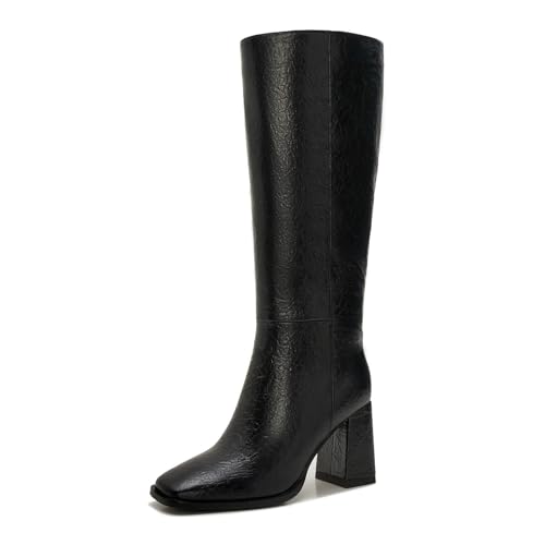 Women's Wide Calf Knee High Boots – Plus Size Faux Leather Tall Boots with Chunky Heel, Square Toe & Side Zipper