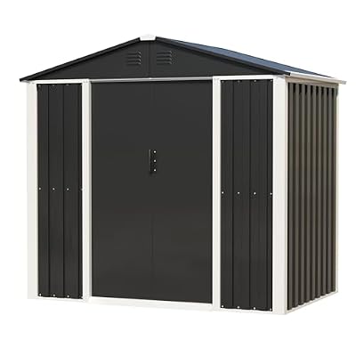 AOBABO Metal Outdoor Utility Tool Storage Shed with Roof Slope Design, Door and Lock for Backyards, Gardens, Patios and Lawns, Black, 6'x4'