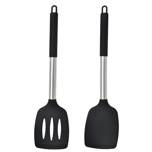 Juego de 2 espátulas de silicona de mayor calidad antiadherentes, ranuradas, resistentes al calor, sin BPA, utensilios de cocina para huevos, panqueques, pescado, apto para lavavajillas
