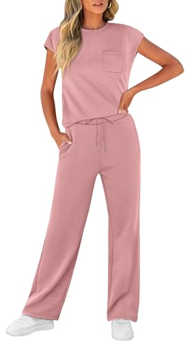 Image of WIHOLL 2 Piece Sets for Women Casual Summer Travel Vacation Outfits Cap Sleeve Lounge Set