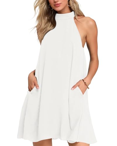 AUSELILY Womens Summer Dress Sleeveless Halter Neck Beach Dress Casual Sundresses with Pockets New White M