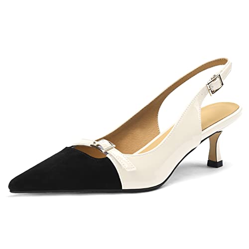Lutalica W Women's Fashion Pointed Toe Patent Leather 2IN Buckled Strappy Two-Tone Low Kitten Heel Dress Slingback Pumps