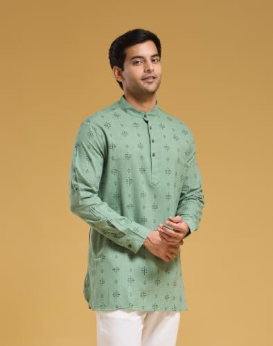 Image of Fabnu by Fabindia Men's Cotton Printed Relaxed Fit Straight Short Kurta