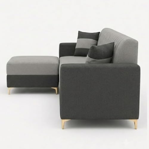 Image of FURNY Signature Regalia 4-Seater L-Shape Sofa Set with Movable Ottoman | Flexible LHS /RHS Layout | Boston Fabric | 40D Foam + Zigzag Spring | 3-Yr Warranty (Ash Grey, Light Grey)