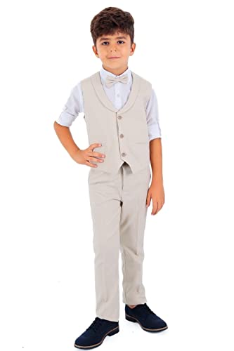 Image of Baby Boys Vest Suit Cotton Linen 4 Piece Formal Wedding Birthday Set
