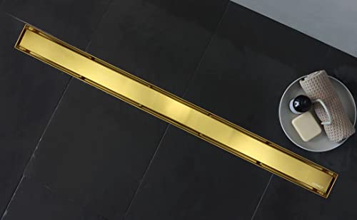 Image of Linear Shower Drain 36 inch, Brushed Gold Floor Drain with Tiled Insert Grate & Hair Strainer, 304 Stainless Steel Bathroom 2-in-1 Tiled in Drain, CUPC Certified (Brushed Gold, 36'')