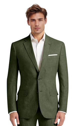 Mens Linen Suit 2 Pieces Slim Fit Casual Beach Wedding Groomsmen Tuxedos Prom Blazer Pants Set