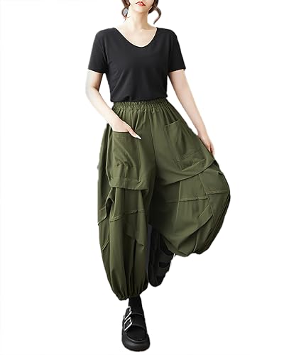 ellazhu Women's Pants Elastic Waist Two Pockets Solid Plus Size Lantern-Shape Wide Leg Casual Fashion Summer GZ561 A