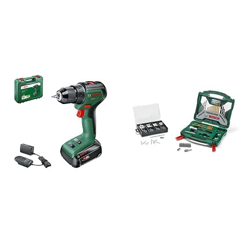 Bosch Home and Garden Akkuschrauber UniversalDrill 18V-60 (1 Akku, 18 Volt System, im Koffer) + Zubehörset X-Line 50Ti plus 173-teiliges Fixier-Set (für Metall, Stein, Holz, Zubehör Bohrmaschine)
