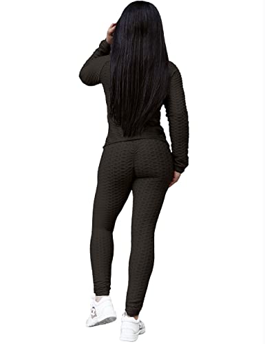 Image of Jogging Suits for Women, Textured 2 Piece Outfit Long Sleeve Full Zip Jacket Skinny Pants Tracksuit Set