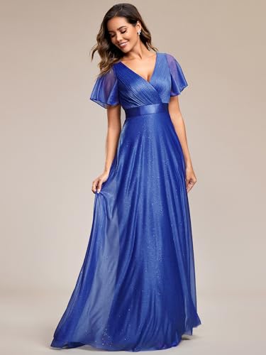 Image of Ever-Pretty Women's Summer Glitter Formal Dresses Evening Gown V Neck Short Sleeves Floor Length Mother of Bride Dress 50159
