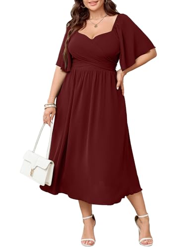 Image of SHESTARR Women's Plus Size Midi Dress Sweetheart Neck Short Sleeve Wedding Guest Cocktail A Line Flowy Dress