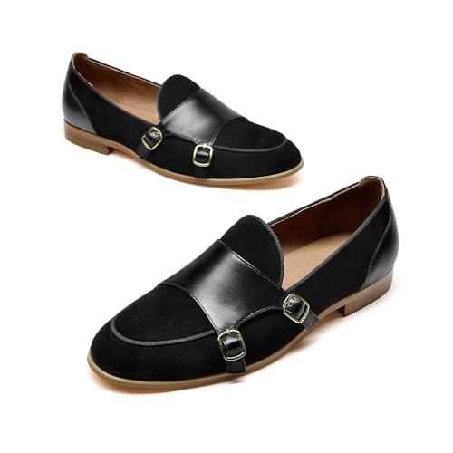 Image of BEAU TODAY Monk Straps Loafers for Women Double Buckles Design Womens Leather Flat Shoes Comfort Business Slip-on Casual Round Toe Loafer Shoes