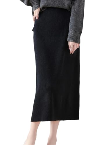 ERFMFKL Women Merino Knitted Sweater Skirt Elastic Waist Striped Skirts Office Thickening Dress