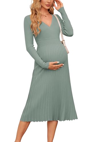 OUGES Strickkleid Damen Winter Kleid Lang Winterkleid Elegant Herbstkleid Langarm V-Ausschnitt Pulloverkleid für Herbst
