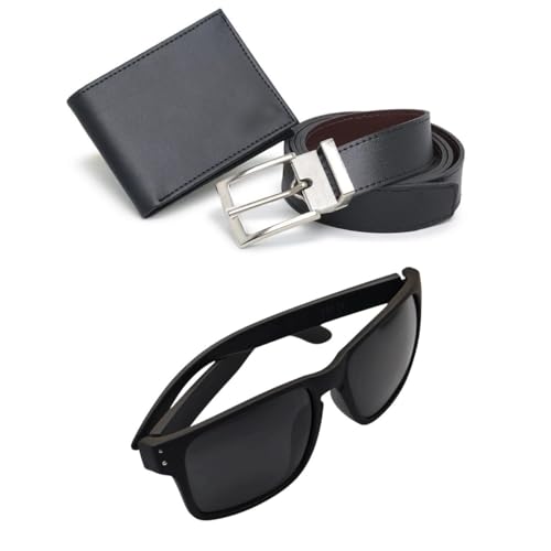Kit Masculino com Carteira Slim, Cinto Dupla Face e Óculos Clássico de Sol, Preto