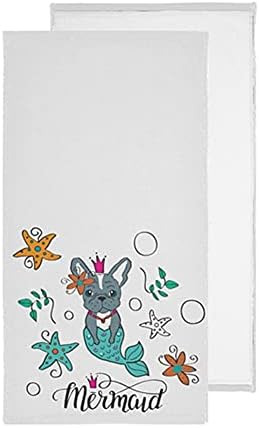 KOCOART French Bulldog Mermaid Bathroom Hand Towels Sea Stars Kitchen Dish Towel Set 2 Pack Soft Decorative Dishcloths Washcloths Guest Fingertip Towels for Hotel Beach Spa Gym Sport 14x28 in