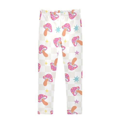 Checkered Pattern Mushroom Girls Leggings,Workout Leggings for Girls Toddler Athletic Leggings Size for 3-10T