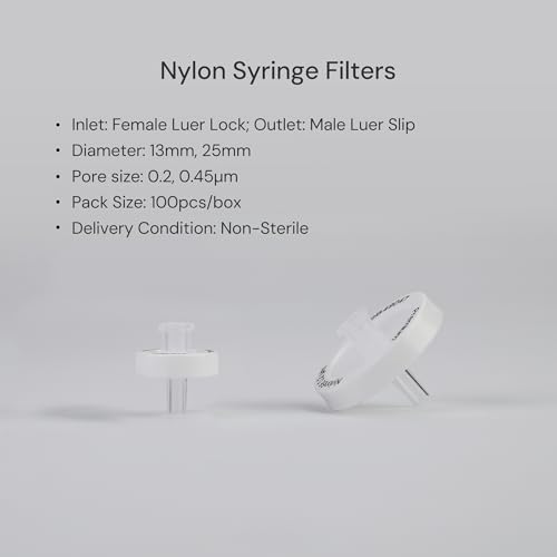Image of Pack of 100 Nylon Syringe Filter 1.0μm Pore Size 25mm Diameter Hydrophilic Lab Filters Non-sterile, (Nylon, 1.0um 25mm, White)