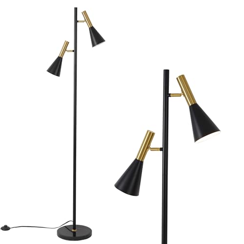 Asmymhd Modern Floor Lamp with 2 Adjustable Head Tall Pole Uplight for Living Room, Bedroom, Office,Gold and Black Corner Light for Reading (Black and Gold)