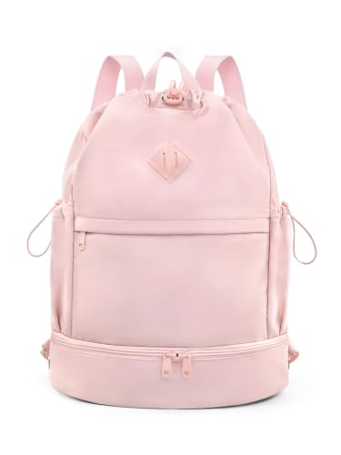 Image of RHDZO Drawstring Gym Backpack with Shoe Compartment and Wet Pocket, Pink | String Backpack for Men Women, Drawstring Bag for Sports Swim Beach Soccer Volleyball, Adjustable Shoulder Strap