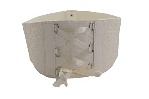 Women Cream Corset Fashion Belt - Elastic Wide Waistband High Waist Fabric Tie Floral Lace Size S M